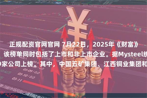 正规配资官网官网 7月22日，2025年《财富》中国500强排行榜出炉，该榜单同时包括了上市和非上市企业。据Mysteel统计，有色金属行业共有29家公司上榜。其中，中国五矿集团、江西铜业集团和山东魏桥创业集团位列前三，排名分别是26名、44名和45名。