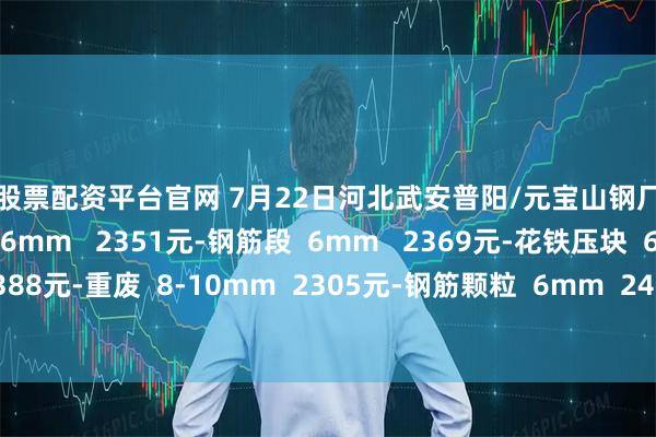 东莞股票配资平台官网 7月22日河北武安普阳/元宝山钢厂最新价格：-钢筋压块    6mm   2351元-钢筋段  6mm   2369元-花铁压块  6mm  2388元-重废  8-10mm  2305元-钢筋颗粒  6mm  2406元-钢板下脚料 12mm 2433元。